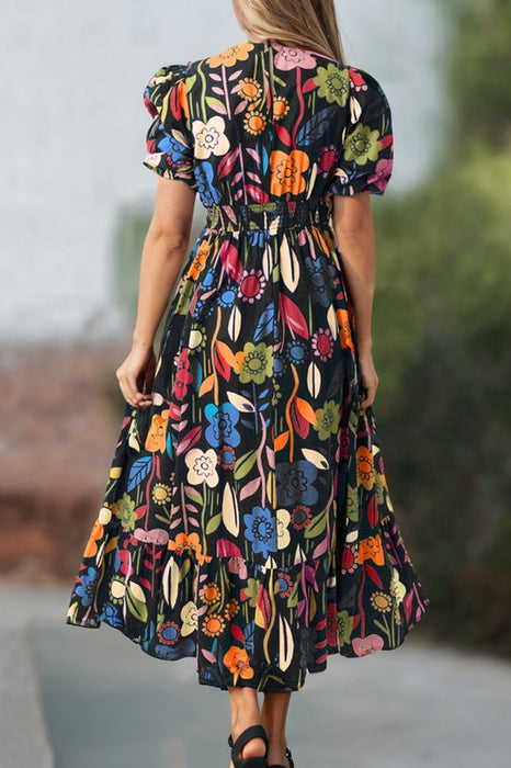 Retro Floral Printed Split Neck Maxi Dress