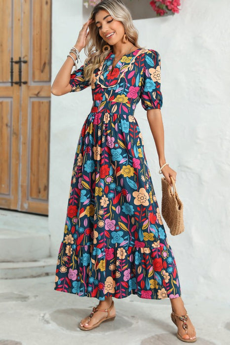 Retro Floral Printed Split Neck Maxi Dress