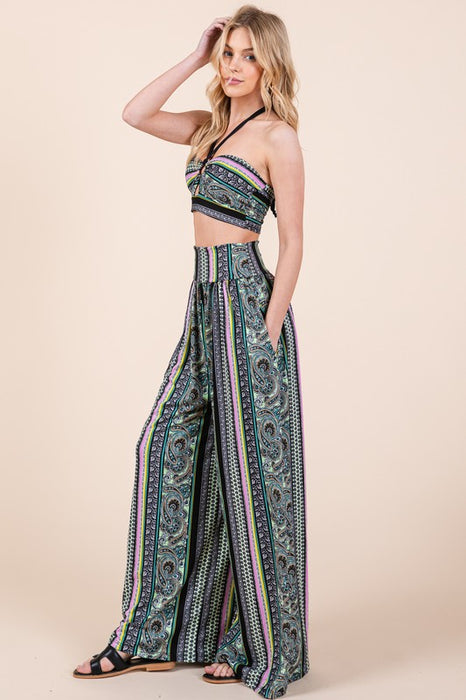 Halter Crop Top with Wide Leg Pants with Pockets