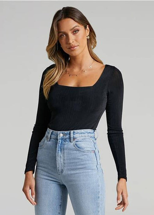 Women's Sexy Square Neck Bodysuit Long Sleeve Tops