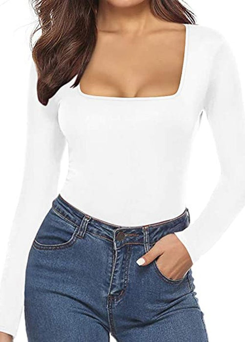 Women's Sexy Square Neck Bodysuit Long Sleeve Tops