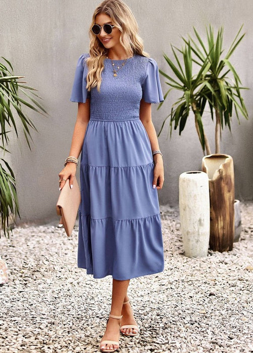 Women's Short Sleeve Round Neck Waist Tiered Dress