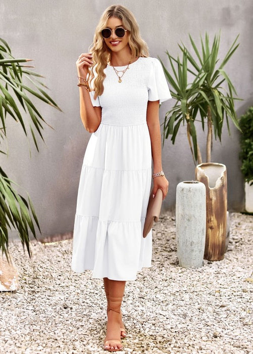 Women's Short Sleeve Round Neck Waist Tiered Dress