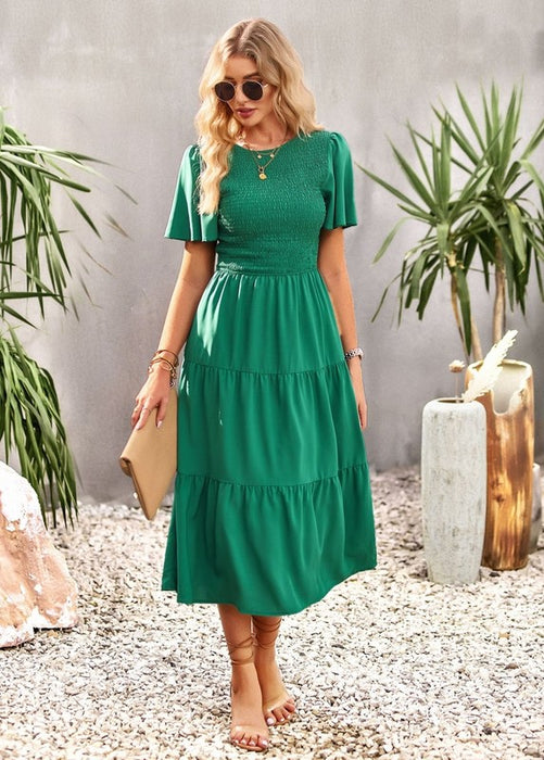 Women's Short Sleeve Round Neck Waist Tiered Dress