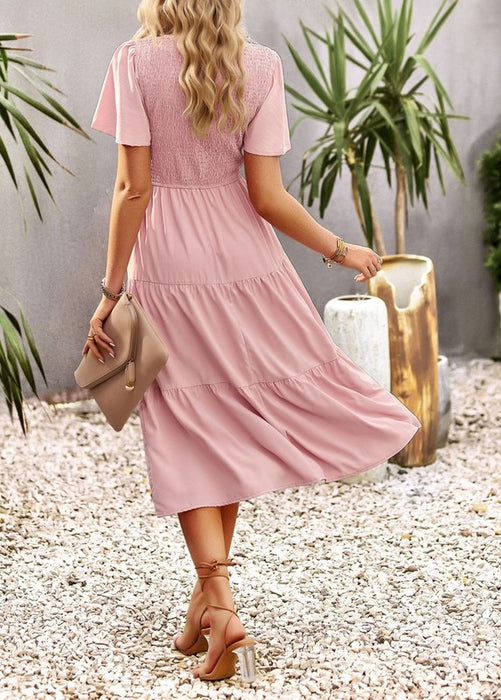 Women's Short Sleeve Round Neck Waist Tiered Dress