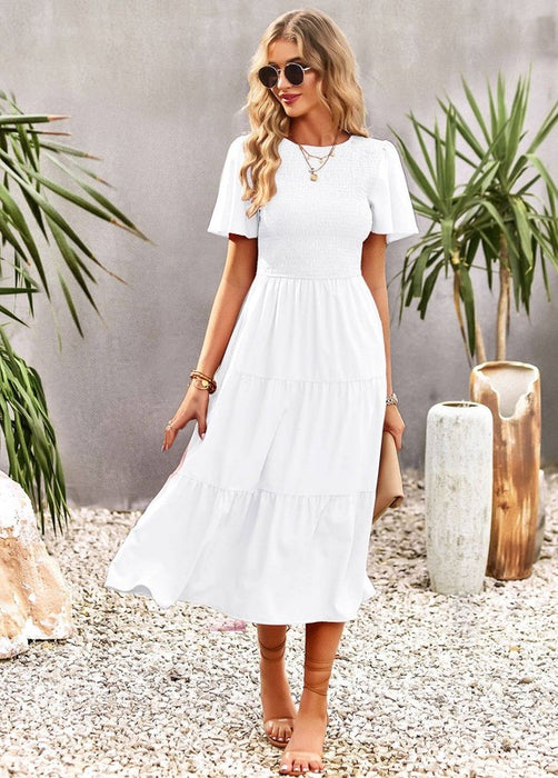 Women's Short Sleeve Round Neck Waist Tiered Dress