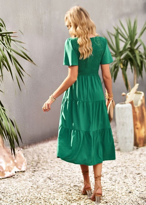 Women's Short Sleeve Round Neck Waist Tiered Dress