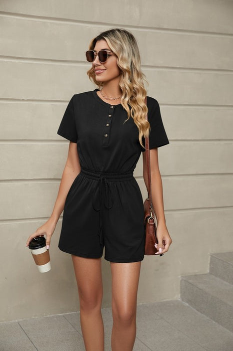 Women's Short Sleeve Pockets Belted Jumpsuit