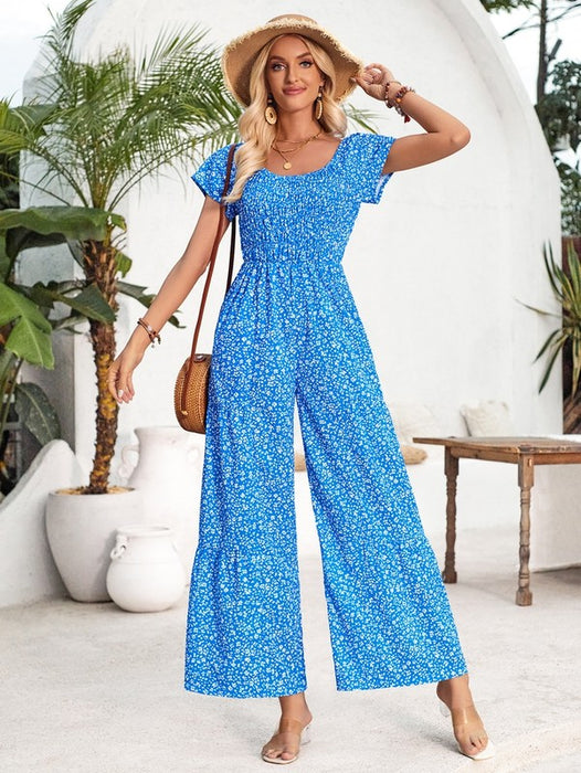 Womens Short Sleeve Wide Leg Romper Jumpsuits