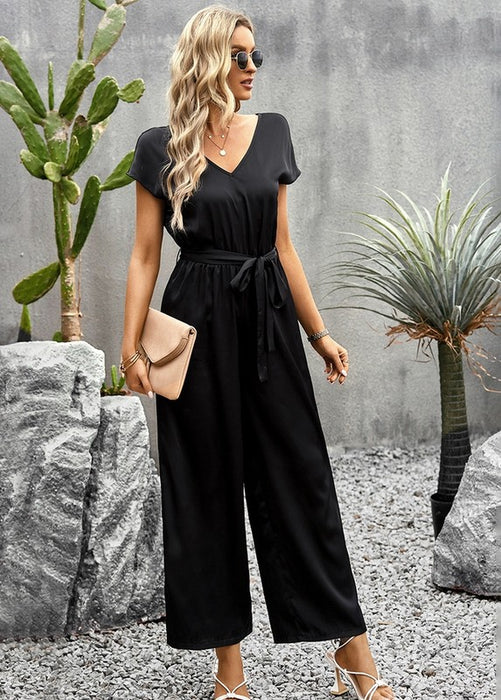 Womens Short Sleeve V Neck Leg Romper Jumpsuit