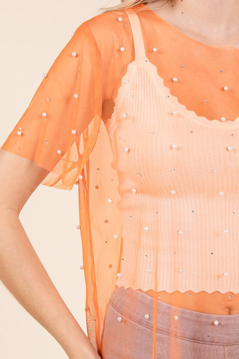 Rhinestone & Pearl Mesh Top