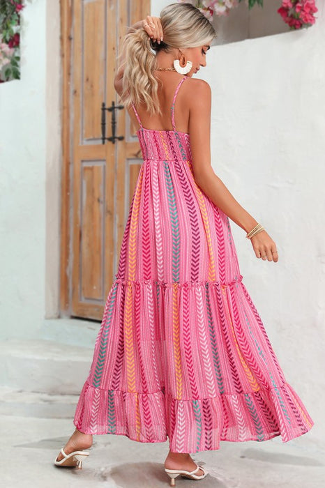 Pink Tribal Tassel Tie V Neck Surplice Maxi Dress