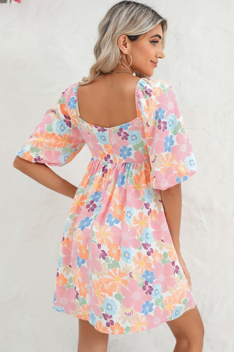 Floral Square Neck Puff Sleeve Babydoll Dress