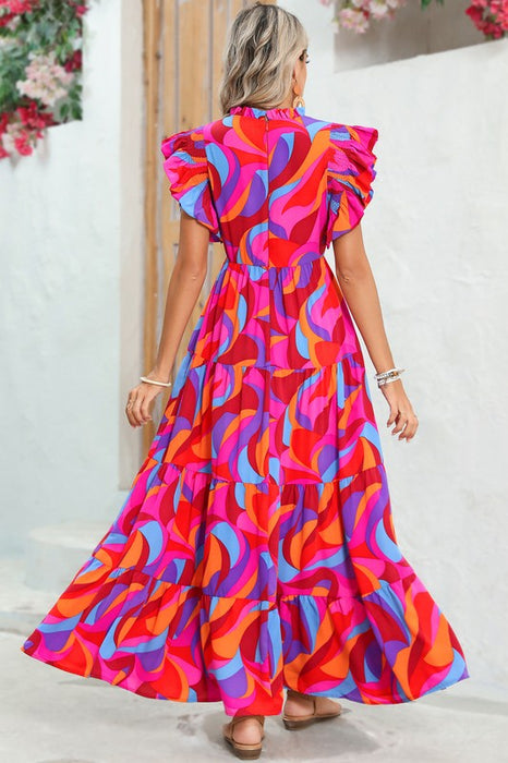 Abstract Print High Waist Ruffle Tiered Maxi Dress