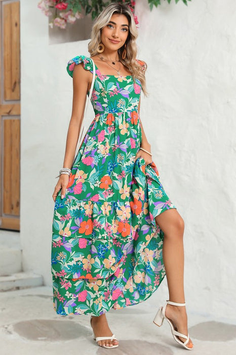 Boho Floral Ruffle Sleeveless Tiered Maxi Dress