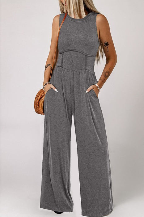 Women Cinched Waist Sleeveless Wide Leg Jumpsuit