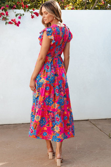 Women Boho Floral V Neck Ruffle Tiered Long Dress