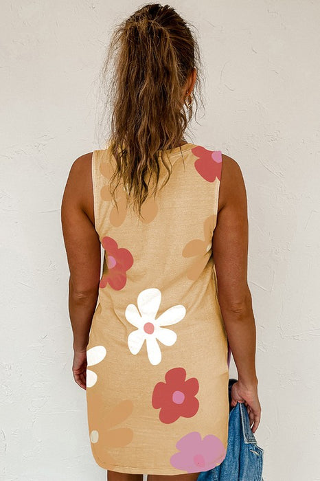 Women Apricot Daisy Flower Print Tank Dress