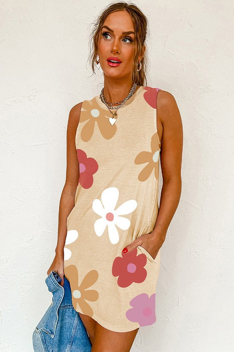 Women Apricot Daisy Flower Print Tank Dress