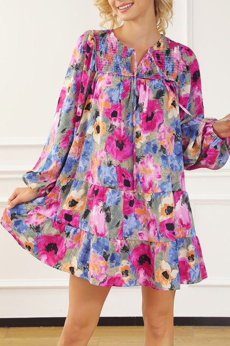 Women Floral Tie Neck Bubble Sleeve Shift Dress