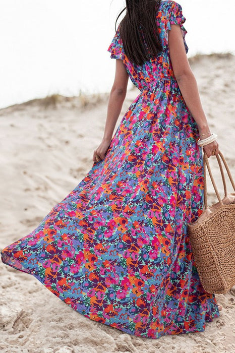 Women Floral Print V Neck Wrap Split Maxi Dress