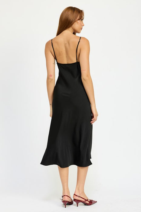SATIN LACE CAMI MIDI DRESS WITH SLIT E2G World SATIN LACE CAMI MIDI DRESS WITH SLIT E2G World