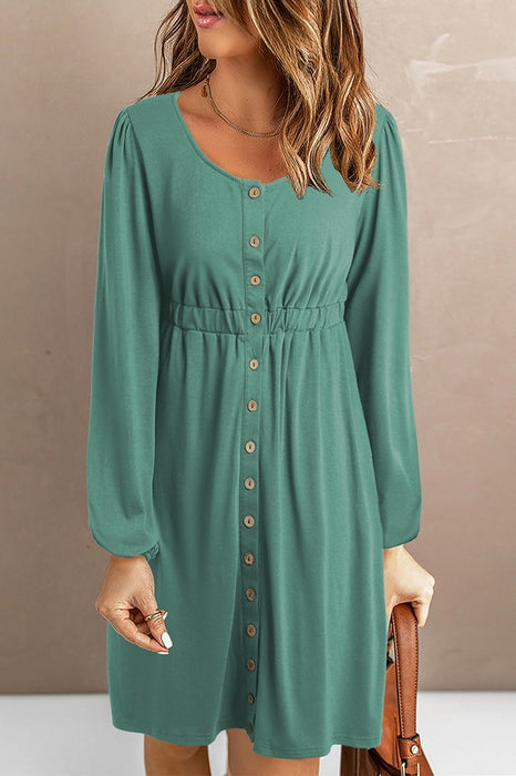 Women Button Up High Waist Long Sleeve Dress