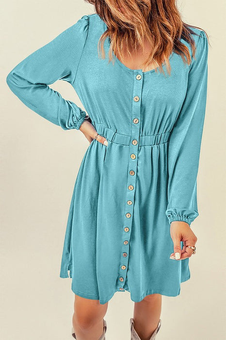 Women Button Up High Waist Long Sleeve Dress