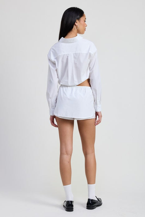 BUTTON UP CROPPED SHIRT WITH DRAWSTRINGS