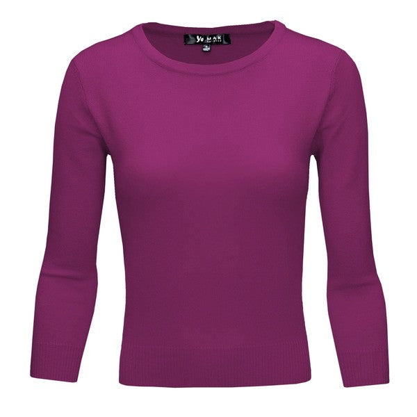 Crewneck 3/4 Sleeve Spandex Pullover Sweater