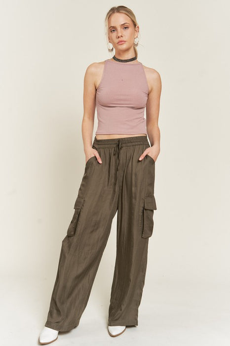 PLUS SIZE SATIN CARGO PANTS WITH DRAWSTRING