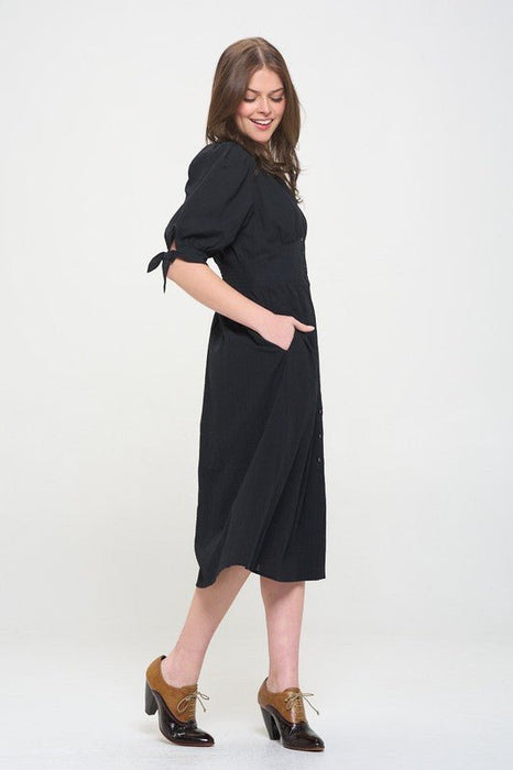 3/4 PUFF SLV TEXTURE VNECK BUTTON DOWN MIDI DRESS - E2G World