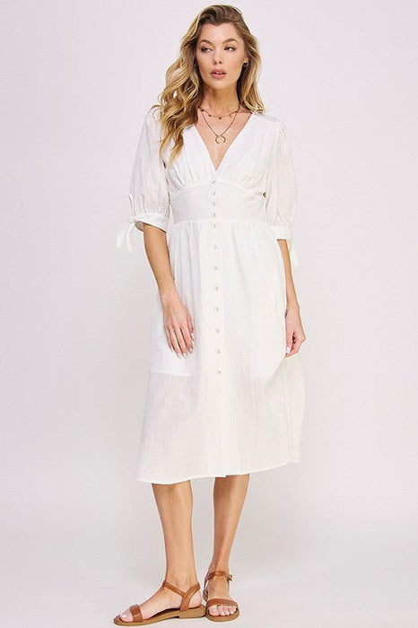 3/4 PUFF SLV TEXTURE VNECK BUTTON DOWN MIDI DRESS - E2G World