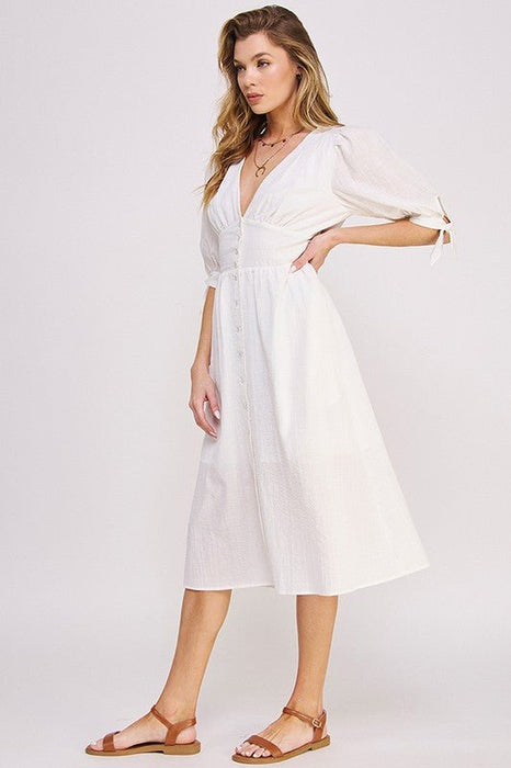 3/4 PUFF SLV TEXTURE VNECK BUTTON DOWN MIDI DRESS - E2G World