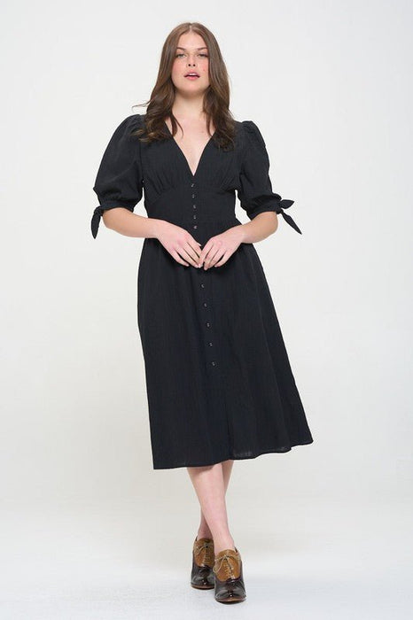 3/4 PUFF SLV TEXTURE VNECK BUTTON DOWN MIDI DRESS - E2G World