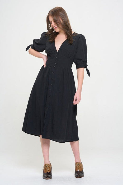 3/4 PUFF SLV TEXTURE VNECK BUTTON DOWN MIDI DRESS - E2G World