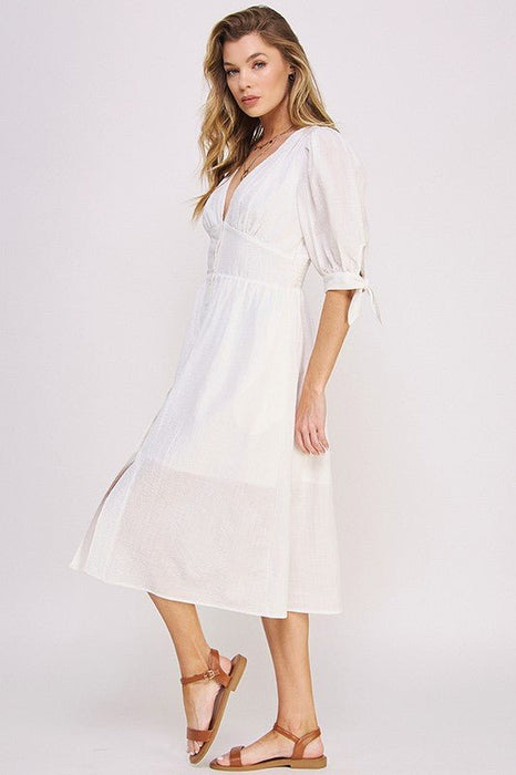 3/4 PUFF SLV TEXTURE VNECK BUTTON DOWN MIDI DRESS - E2G World