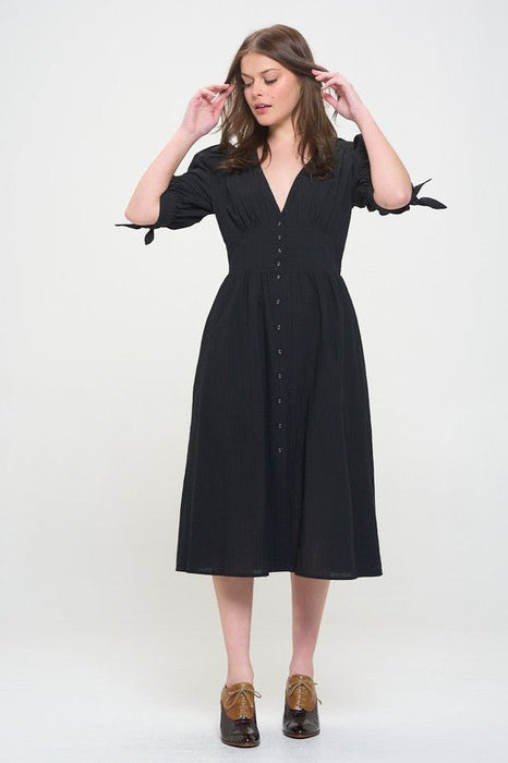 3/4 PUFF SLV TEXTURE VNECK BUTTON DOWN MIDI DRESS - E2G World