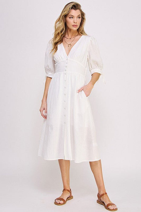 3/4 PUFF SLV TEXTURE VNECK BUTTON DOWN MIDI DRESS - E2G World