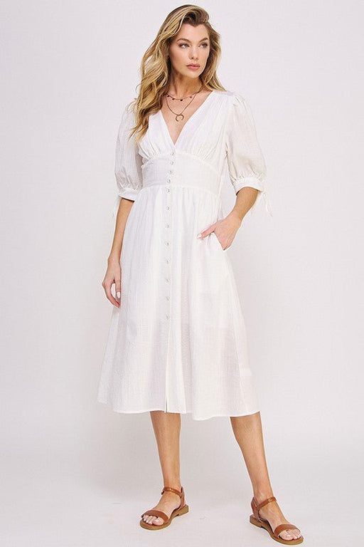 3/4 PUFF SLV TEXTURE VNECK BUTTON DOWN MIDI DRESS - E2G World