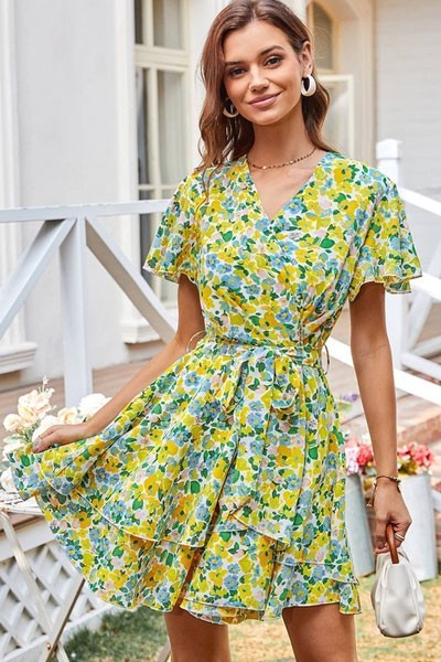 Women's Floral Dress Short Sleeve Sundresses Bohem