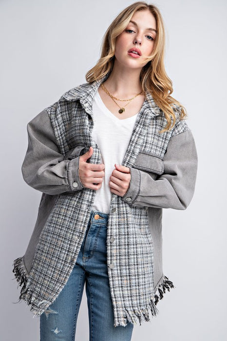 TWEED MIXED DENIM JACKET SHACKET WITH FRINGED HEM