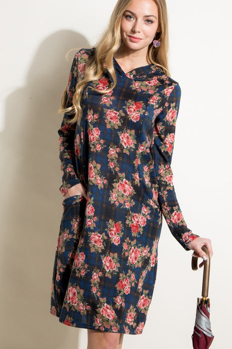 FLORAL AND PLAID PRINT SWEATSHIRT MINI DRESS