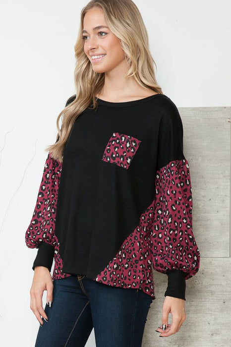 Leopard Print Contrasted Balloon Sleeve Sweater