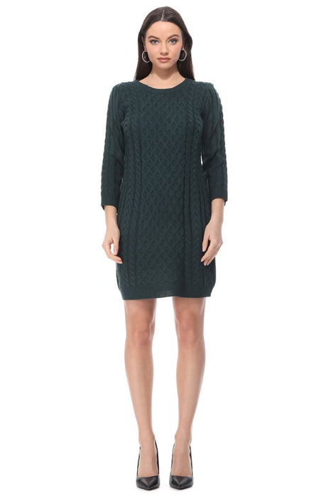 Round Neck Cable Knit Long Sleeve Sweater Dress