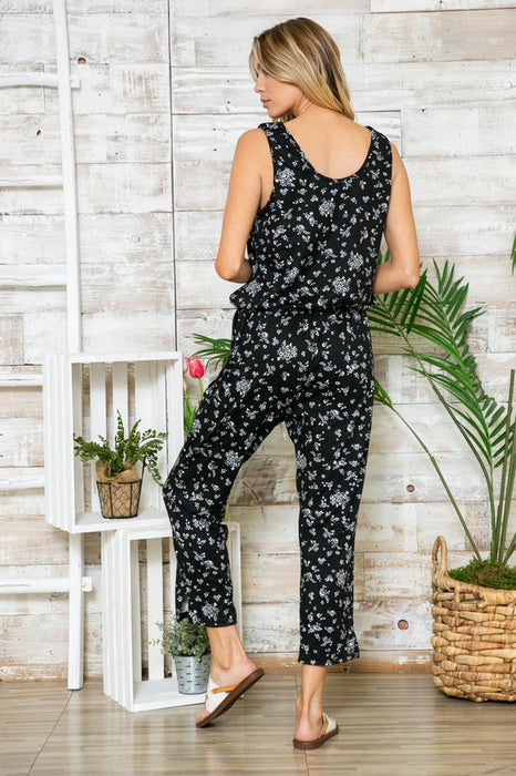 Plus Floral Sleeveless Drawstring Jumpsuit