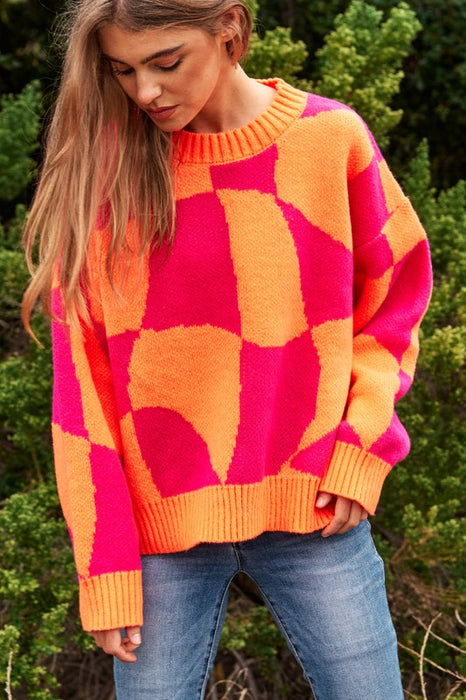 Multi Geo Checker Pullover Knit Sweater Top