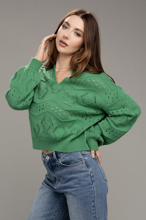 Hole-knit collared sweater