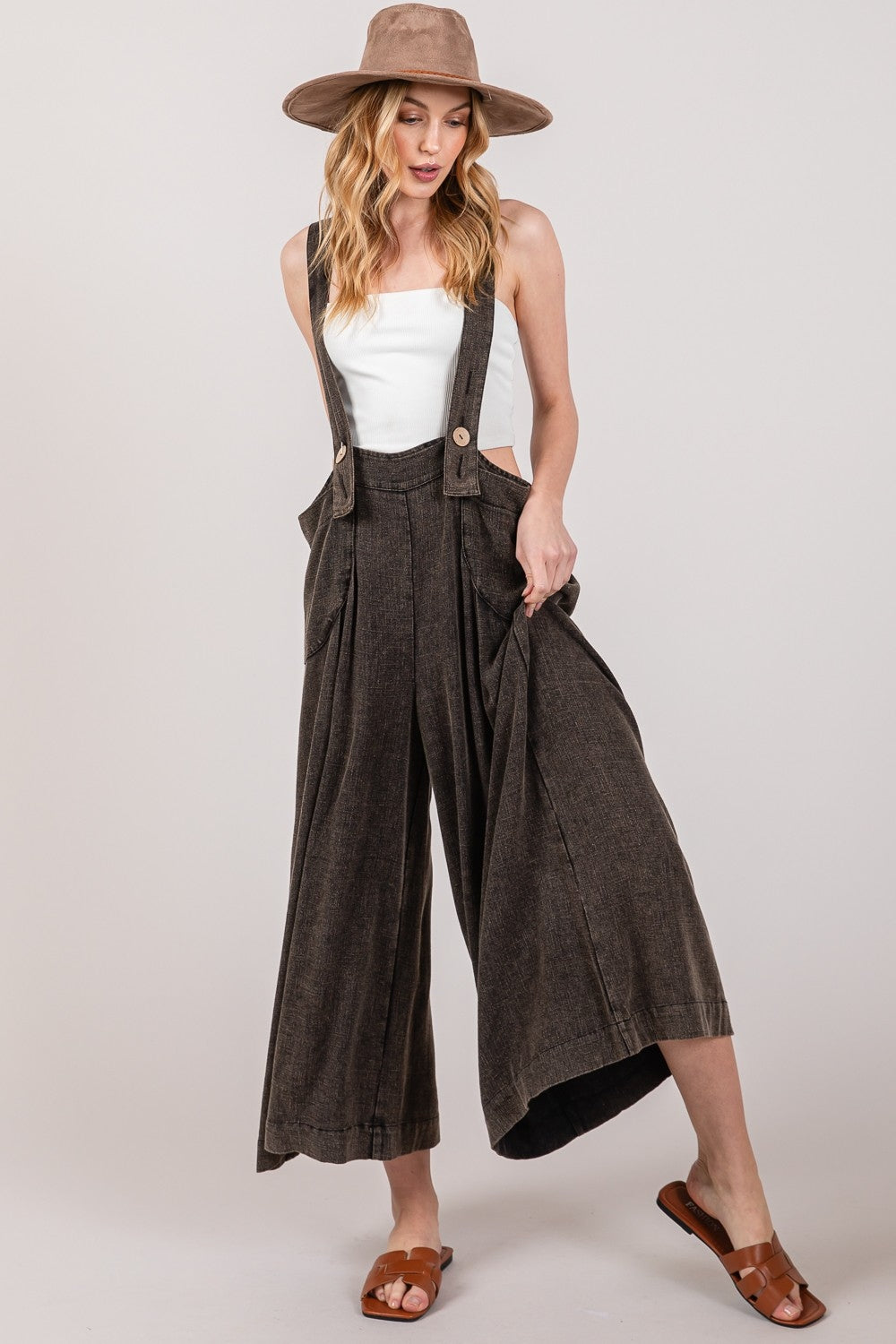 ADORA Knotted Wide Strap Wide Leg Overalls