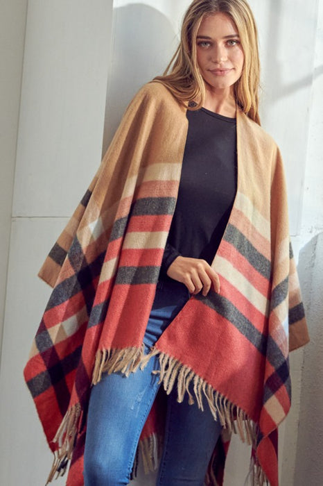 PLAID PATTERN SHAWL PONCHO